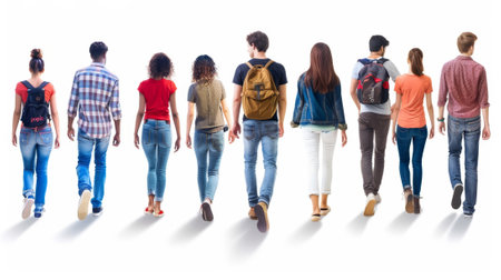 "Back view of walking people". Goin' people in motion set. Rear view people collection. Isolated over white background..の素材