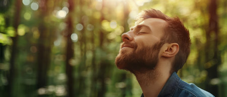 Adult man breathing fresh air in a forest with green trees in the backgroundの素材