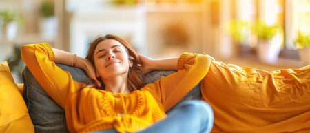 Pretty young woman dreaming of wellbeing in a cozy modern living room, happy calm lady dreaming of wellbeing while relaxing on a comfortable sofa with her hands behind her headrest.の素材