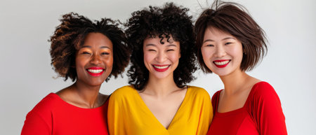 Three multiracial women smiling at camera over white background in this portraitの素材