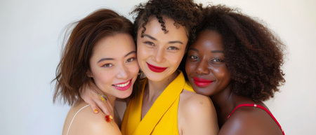 Three adorable multi-ethnic women smiling and hugging each other on a white backgroundの素材