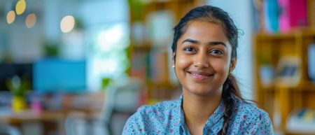 Indian young blogger applicant teacher sits at home office looking at camera doing job interview via video chat conference call record vlog teaching on webinar in app, webcam viewの素材