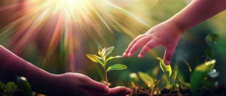 The hand of a child holds a young plant with sunlight on a green background. This concept is eco-earth day.の素材