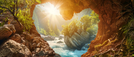 Into a dense tree crown, a heart-shaped hole. Towards the mountains, a current river that flows. Love for nature and passion for exploration.の素材