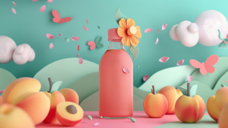 3D illustration of a cold-pressed peach juice ad template with a colorful paper cut design, a concept of a natural garden or farm, and a concept of natural fruit juiceの素材