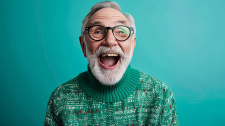 Old man with glasses, green pullover, open mouth, shining smile, isolated on blue color background.の素材