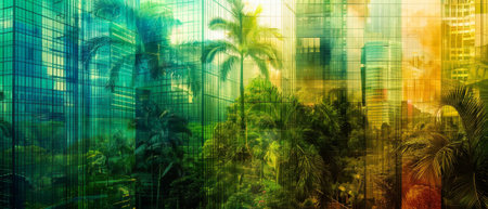 Stunning double exposure of a lush green forest and the windows of a modern skyscraperの素材