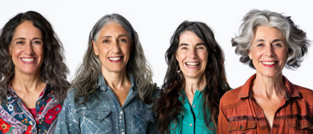 In front of a white background, four models of different ages embrace their natural and aging bodies.の素材