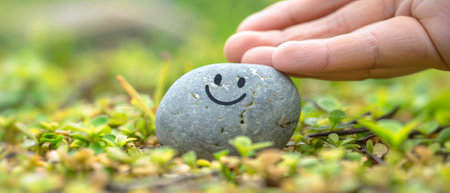 A Balanced Body, Mind, Soul, and Spirit concept with a Pebble Stone and Smiling Face Cartoon. A Concept of Balance and Harmony. Mental Health Practice Concept.の素材