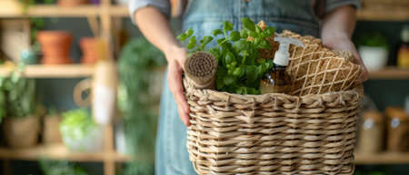 The woman is holding a wicker basket filled with zero waste products (brushes, rugs, soap, essential oils, spray and sponges) in the kitchen.の素材