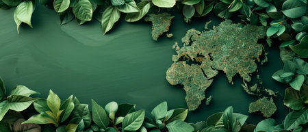 'Eco-friendly planet' poster. Earth Day. The world map made from green leaves and branches. A minimalist concept. Think Green. Ecology Concept. Top view. Flat lay.の素材