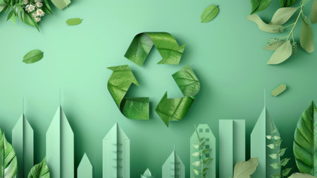 A 3D paper illustration with a recycling leaf symbol with a green city, ecology, and energy concept.の素材
