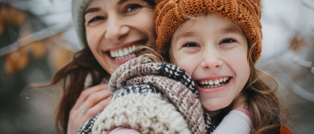 A picture of a cheerful family playing outside on a winter trip led by mommy, daddy, and their daughter piggybackの素材