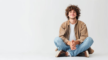 Stylish young man with curly hair sitting on white background with blank panel.の素材