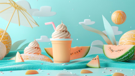 Template for 3D cantaloupe sundae with cute paper cut design. Plastic takeout cup displayed on fresh melon fruit with summer island decorations.の素材