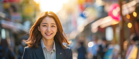 A busy Asian business leader in an elegant suit standing in a big city using cell phone platform applications. A smiling woman holding a smartphone walks on the street outdoors while using herの素材