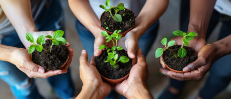 Plants in the hands of a group or team of eco people for agriculture and collaboration in a green business. A diverse group of people holding sprouts in a startup.の素材