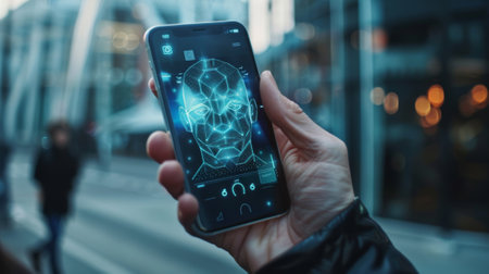 Concept of unlocking a smartphone with facial recognition by hand touching.の素材