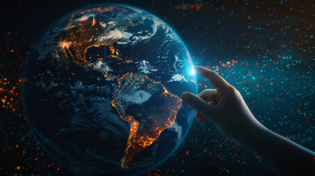 The Big Data world and globe icon UI combines hand selection and pressing with a modern interface that looks great on any device...の素材