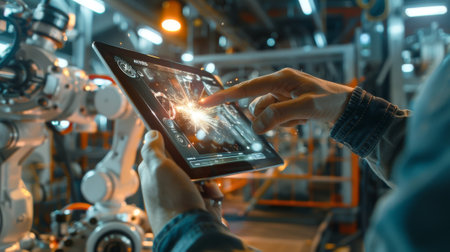With digital tablet, engineer checks welding robotics automatic arms machine. Monitoring system software in intelligent factory industrial.の素材