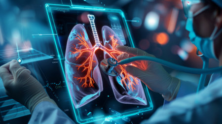 A medical technology diagnostic concept shows a doctor with a stethoscope examining the lungs of a patient on a digital tablet with an Ui virtual screen.の素材