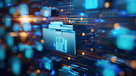 A document management system concept and software, enabling efficient archiving and managing business data. Searching and managing files online from a database of documents available at all times.の素材