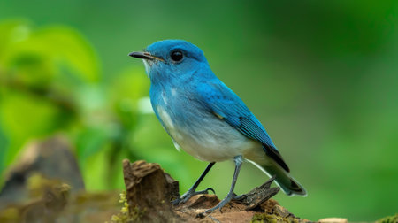 Detailed blue bird, Ultramarine Flycatcher (superciliaris ficedula), fully standing, exotic environment.の素材