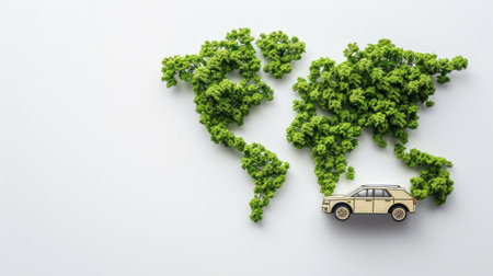 A 3D tree or forest shape of the world map on a white background. Earth Day or Environment Day Concept. Green earth with an electric car. Paris Agreement Concept..の素材