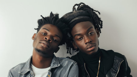 A black couple posing in front of a white background and looking at the camera.の素材