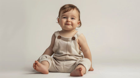 Baby boy wearing beige overalls on white background smiling and looking at the camera..の素材