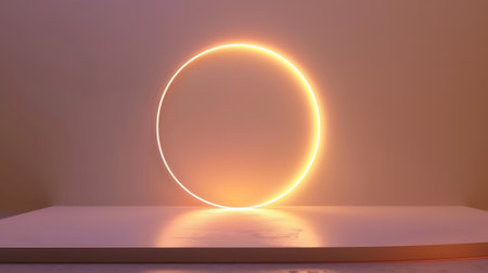 This is a realistic white, golden 3D cylinder pedestal podium with glowing circle neon background. Modern luxury geometric forms for mockup products, stage displays, and promotion displays..の素材