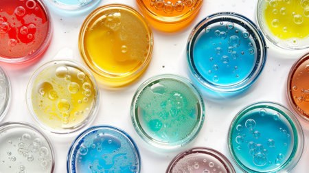In front of a white background, there is a top view of a microscope shot with colored liquid samples in Petri dishes with bubbles during examination.の素材
