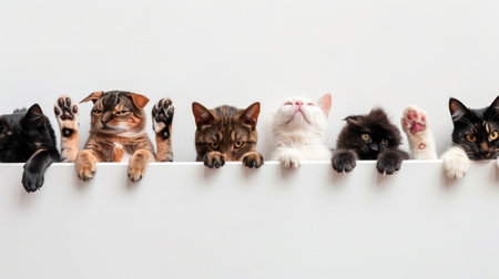 The image includes a row of cats and dogs with their paws hanging over a white banner. The image is sized to fit a popular social media timeline photo placeholder..の素材