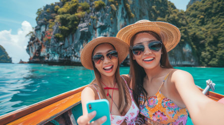 Asian women enjoying summer vacation and taking selfies together on boat passing island lagoon beach in sunny day.の素材