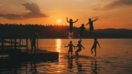 Sunset shots of kids jumping off docks on the lake.の素材