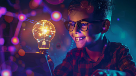 A smiling clever boy with an idea symbol bulb programs on a laptop in computer programming language scratch. Children learn how to develop apps for computers and mobile phones..の素材