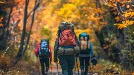A group of tourists wearing backpacks outdoors trekking on mountain in autumn fall is seen hiking on forest trail with camping backpacks. It is seen from behind the hiker woman wearing a backpack inの素材