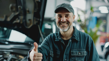 An open hooded car with a smiling mechanic giving thumbs upの素材