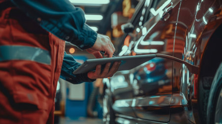 Auto diagnostics software concept for cars. Mechanic using digital tablet to inspect the vehicle.の素材