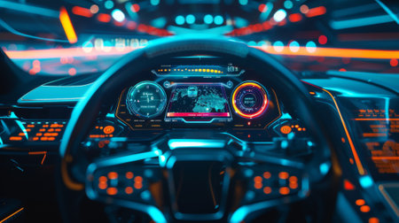 Dashboard of a modern sports car with a navigation display. Cockpit of an autonomous car with an abstract graphic touch interface. Diagnostic auto, modern design, auto repair, car service.の素材