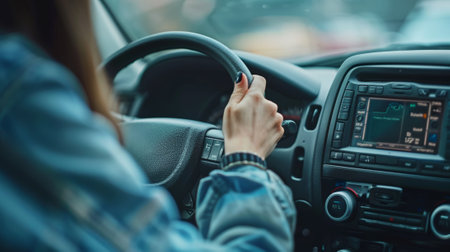 Woman setting up radio on car dashboard. Closeup of radio.の素材