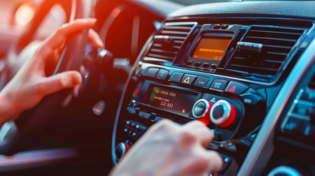The dashboard of a car. Close-up of the radio. A woman sets it up.......の素材
