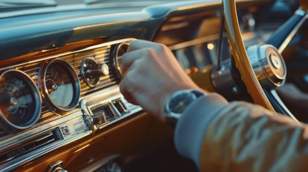 A man twists the volume in a retro toning car.の素材
