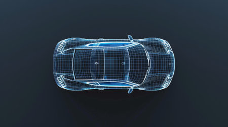 A 3D illustration of a blue wireframe car on a black background.の素材