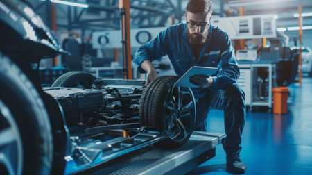 Engineer with glasses and beard scans electric car chassis prototype with wheels, batteries and engine using Augmented Reality software on a tablet computer.の素材