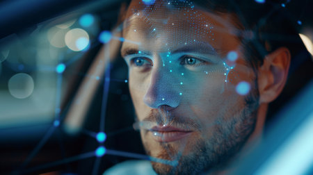 Face Recognition. Biometric Facial Recognition. Face ID. Scanning of the Face of a Handsome Caucasian Man in The Car by technological means for facial recognition...の素材