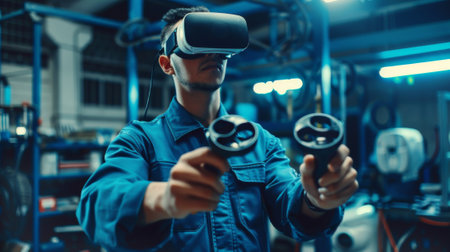 In a car workshop, a specialist is wearing a virtual reality headset and holding two joysticks while the mechanic investigates the problem with future technology. A mechanic in a modern workshop isの素材