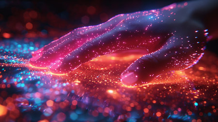 Here is a digital illustration of hand gestures in digital futuristic style on a transparent background. The icons are neon light icons showing hand gestures on a touch screen..の素材