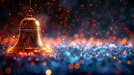 An abstract Christmas greeting card with hanging Christmas bells and a geometric background. Modern 3d graphic concept with wireframe light structure. Isolated modern illustration..の素材