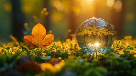 The glass globe represents the concept of environment and conservation in nature.の素材